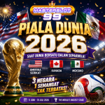 Piala Dunia 2026 dengan bola sepak di lapangan hijau modern